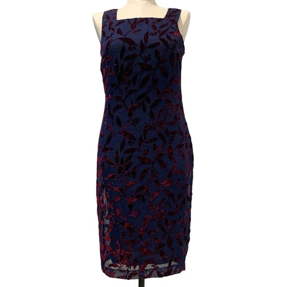 Maggy London Mauve Navy Floral Burnout Velvet Sheath Dress Size 10 Lined - Picture 1 of 14